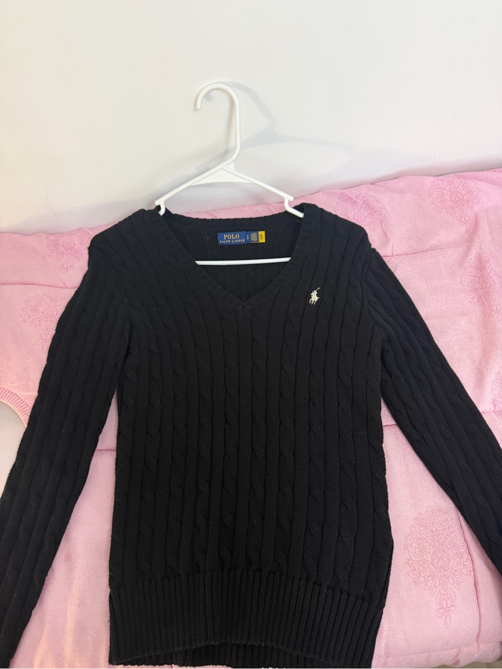 Ralph Lauren Black Cable Knit V-Neck Sweater